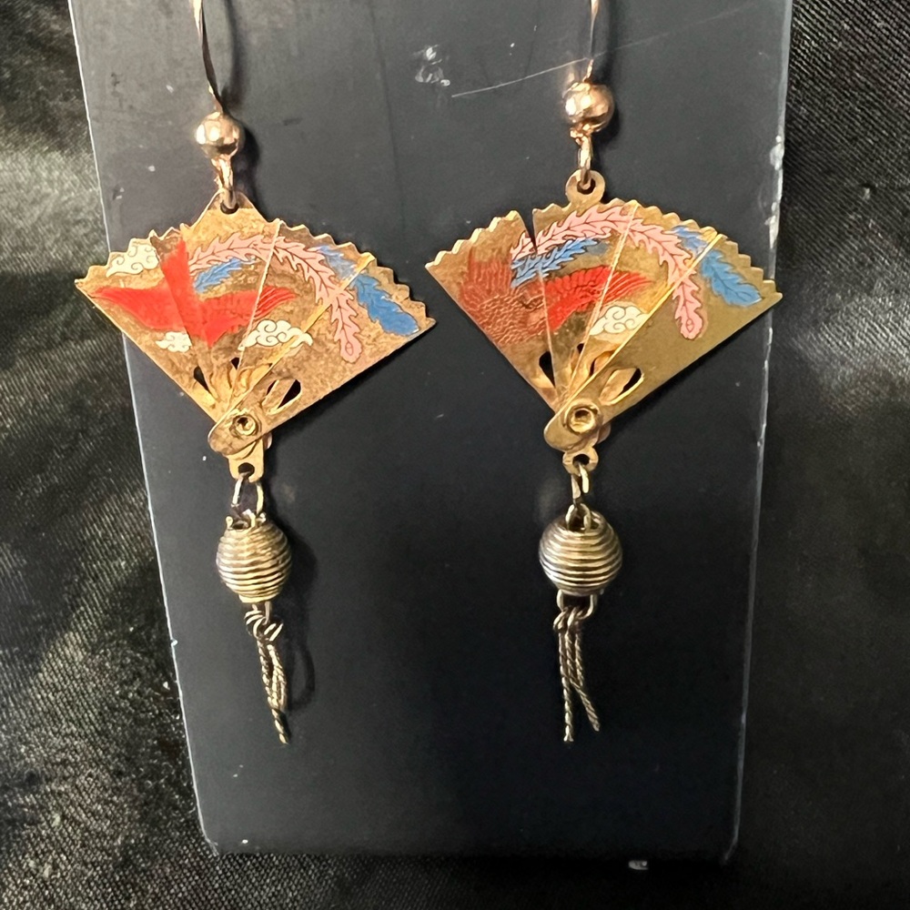 VTG Colorful Fan Earrings with Gold Accents